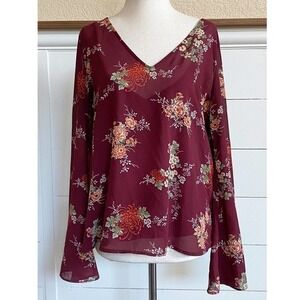 Semi-Sheer Burgundy Floral V neck Blouse w/ Cami & Bell Sleeves‎ sz M